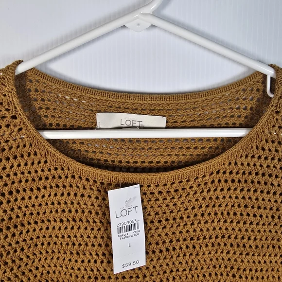 NWT Loft Women's Mustard Crochet Top with Black Trim Size L Ruffled Sleeve - Picture 3 of 11